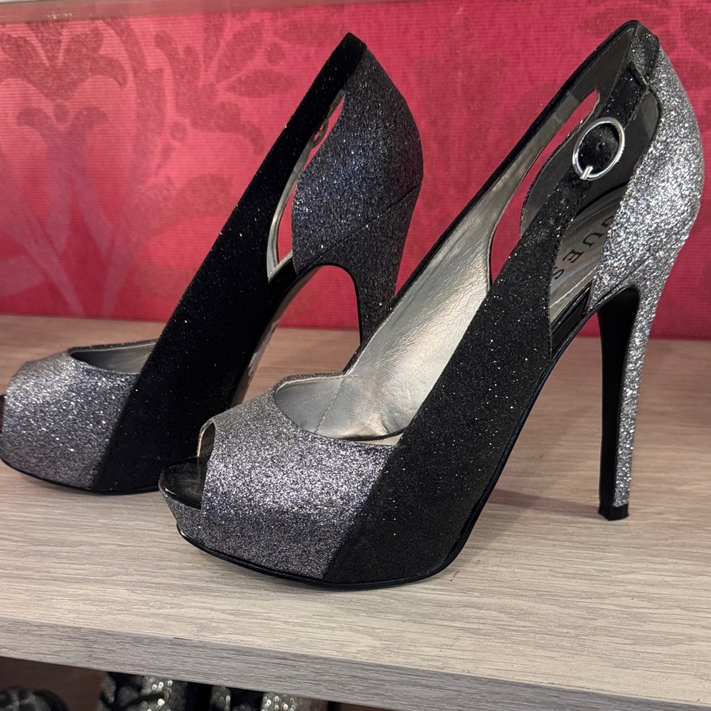 Guess Black and Silver Glitter Heels